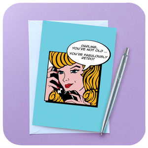 You're Fabulously Retro Birthday Card against a lilac background, with white envelope and pen | The Inkabilly Emporium