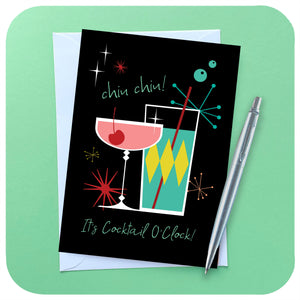 Chin Chin! It's Cocktail O'Clock Greetings Card on a light green background, with white envelope and pen | The Inkabilly Emporium