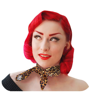 Leopard Print Bandana worn as a necktie by a model with red hair in a 50s style hair do | The Inkabilly Emporium