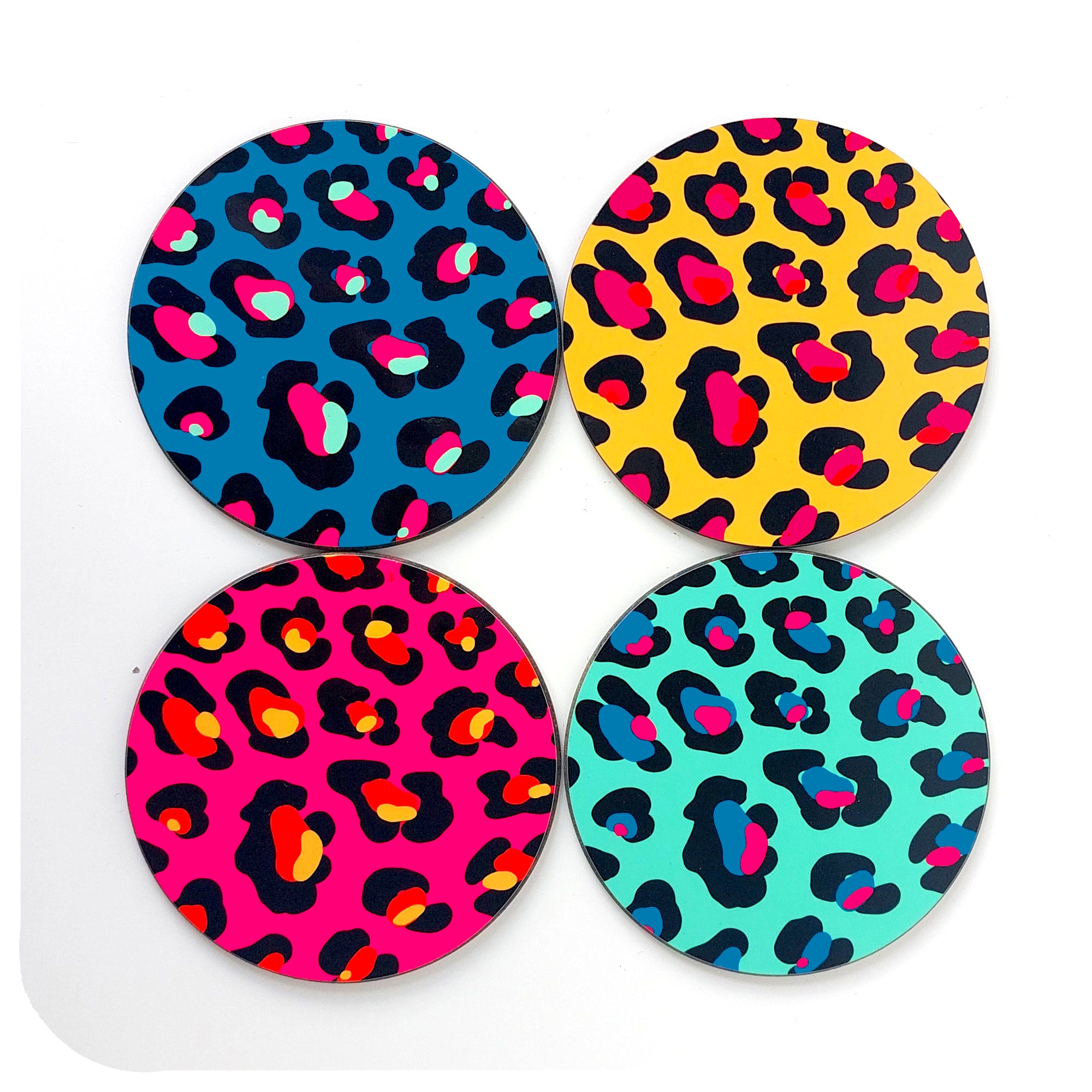 Four colourful Leopard Print Coasters on a white background | The Inkabilly Emporium