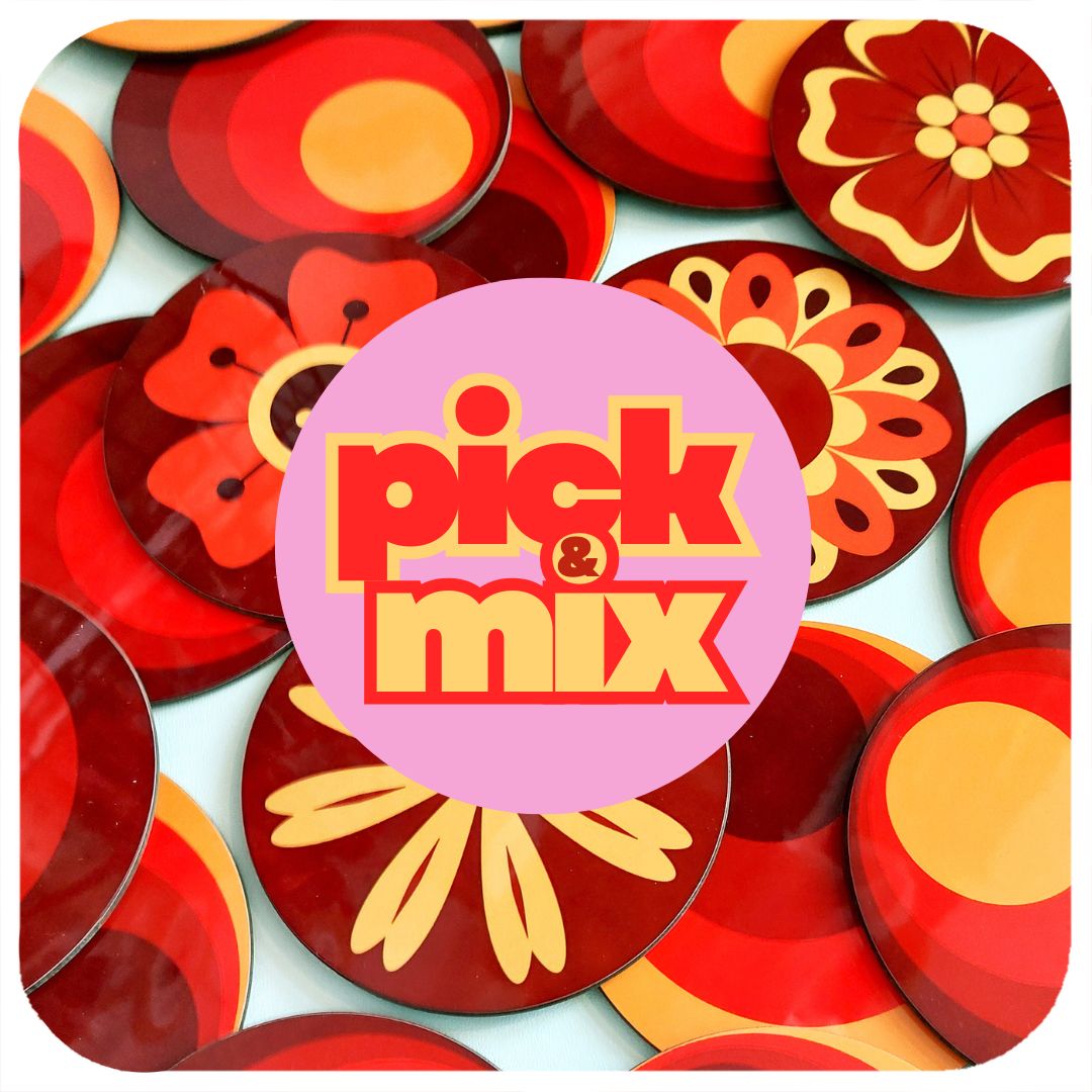 Colourful round 70s style coasters with 'pick & mix' logo in the centre