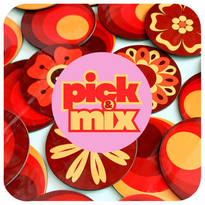 Colourful round 70s style coasters with 'pick & mix' logo in the centre