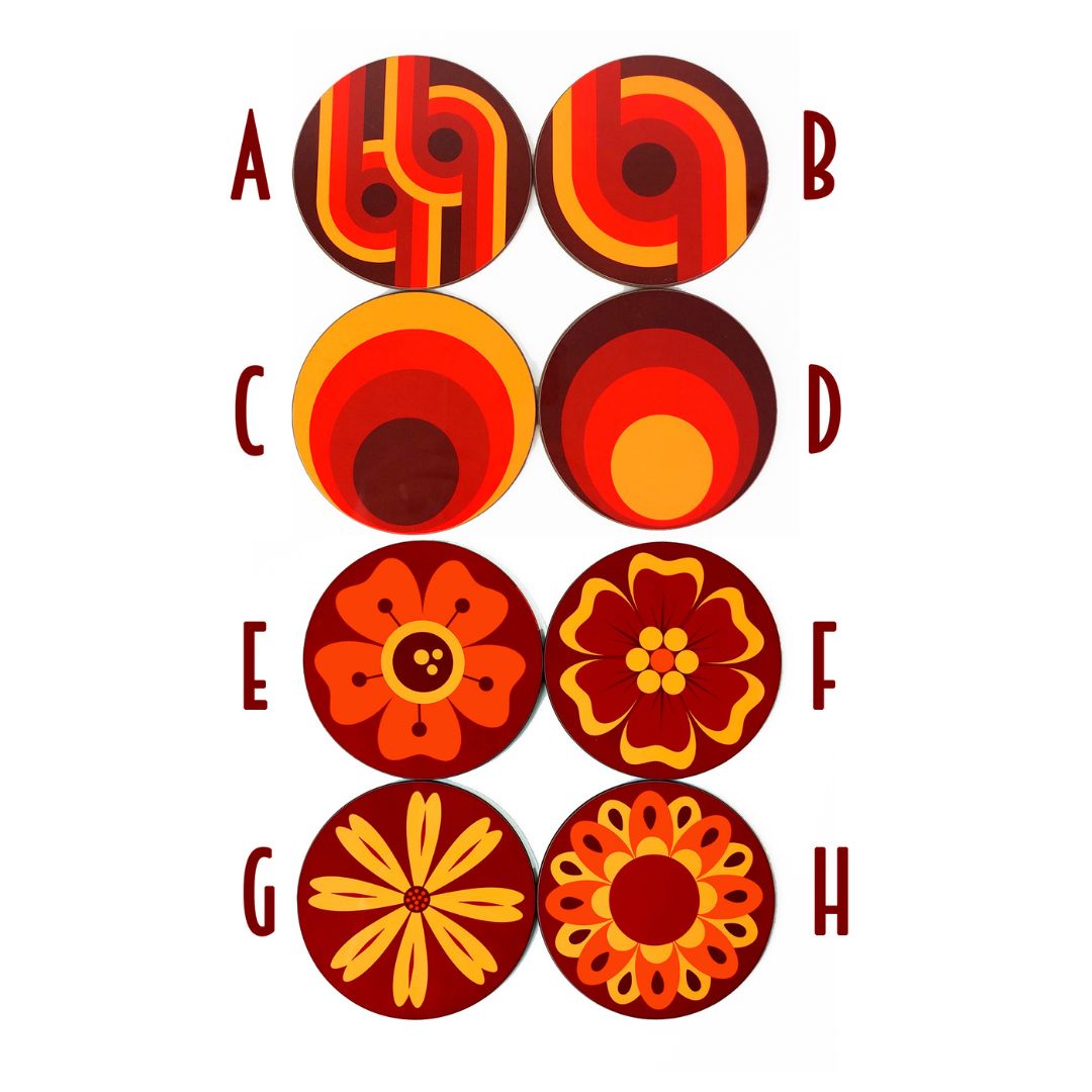 Eight circular designs in orange and red on a white background