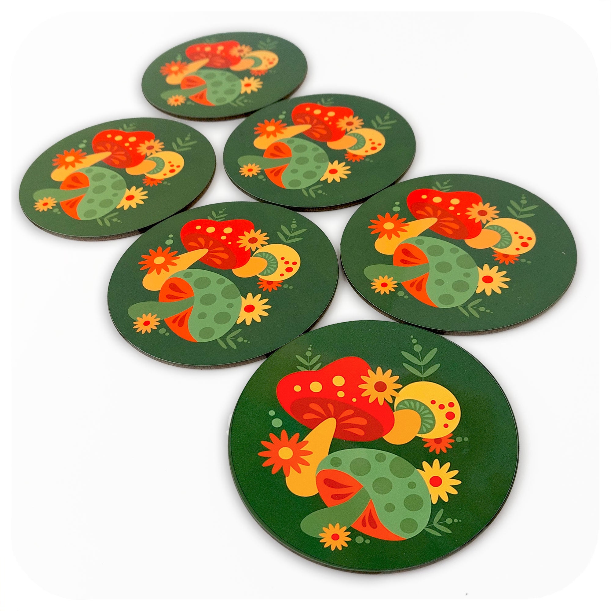 Set of 6 Round, Retro Mushrooms Coasters on a white background | The Inkabilly Emporium