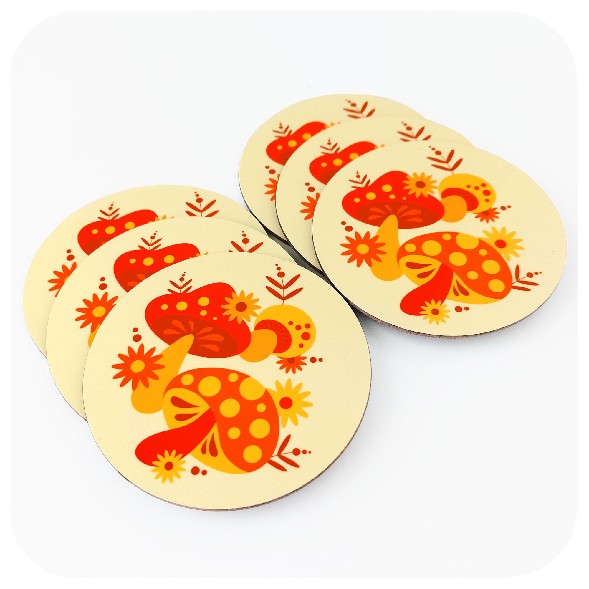 Set of 6 70s style retro coasters featuring orange, red & yellow mushrooms, on a white background | The Inkabilly Emporium