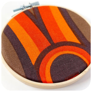Framed vintage fabric hoop in 70s graphic, close up | The Inkabilly Emporium