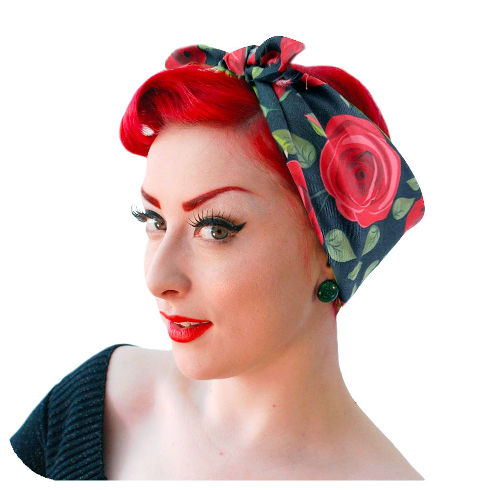 Rockabilly Rose Bandana worn by retro pinup model in a Rosie the Riveter style | The Inkabilly Emporium