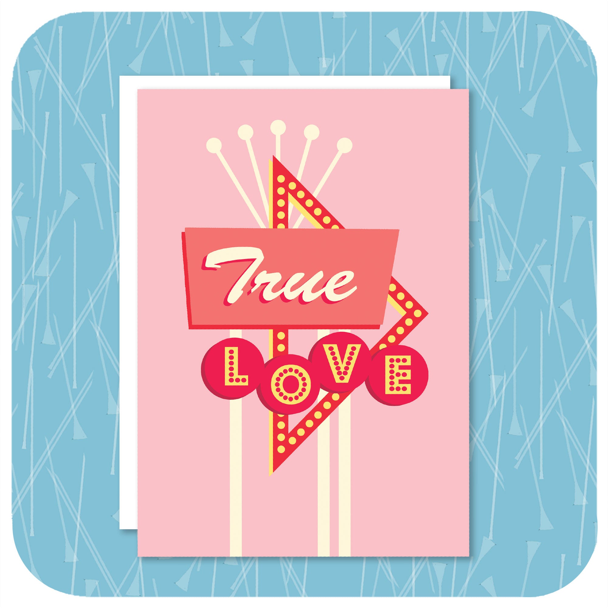 A pink A6 greetings card featuring a graphic rendering of a 50s style American roadside neon sign with the words "True Love" with a white envelope sits on a  textured light blue background | The Inkabilly Emporium