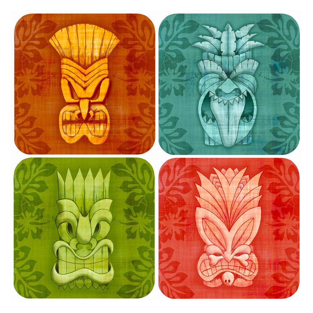 Set of four Tiki coasters in various colours on a white background | The Inkabilly Emporium