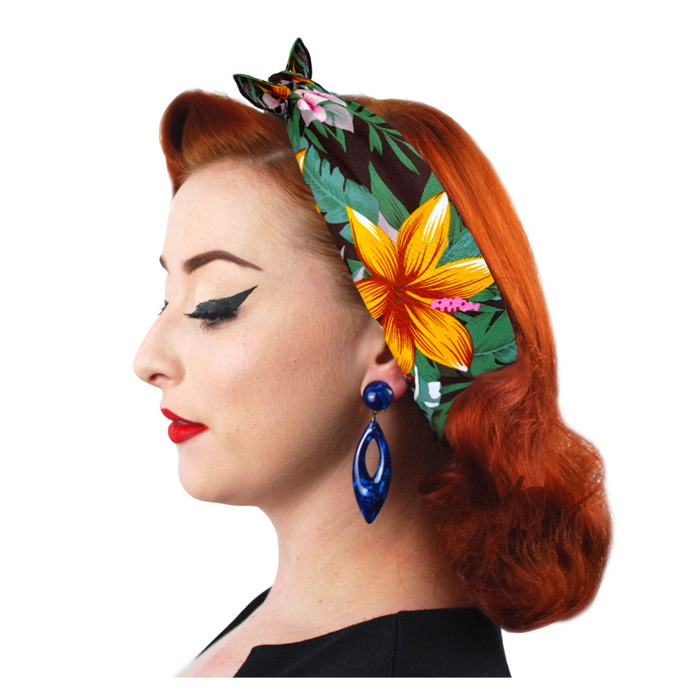 Tropical Tiki style bandana worn in an Alice Band style, by a retro pin up model with auburn hair | The Inkabilly Emporium