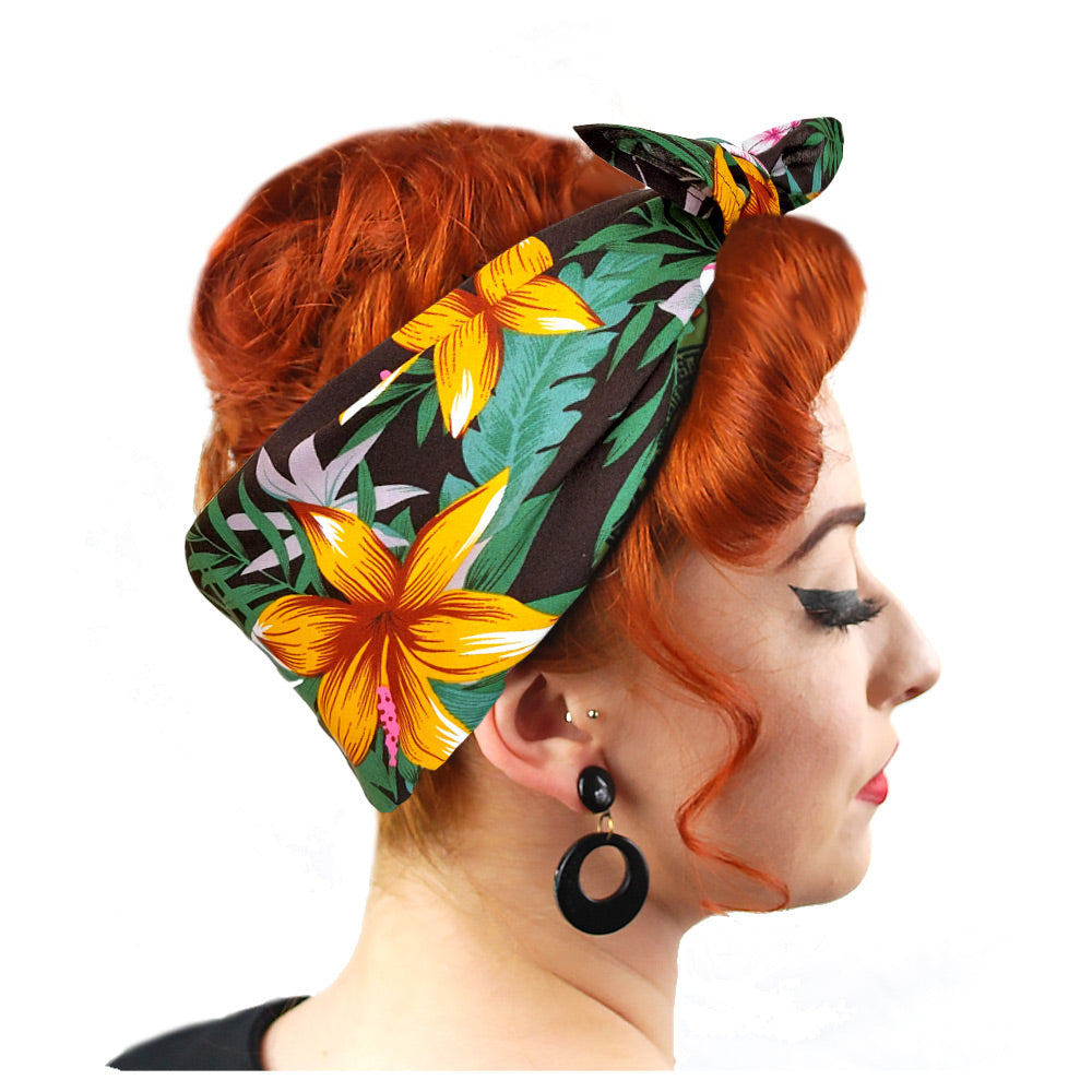 Tropical Tiki style bandana worn in a Rockabilly Bow style by a retro style model with pin up curls, looking to the side | The Inkabilly Emporium