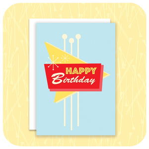 Happy Birthday Card in Vintage Las Vegas Style, with white envelope on a textured yellow background | The Inkabilly Emporium