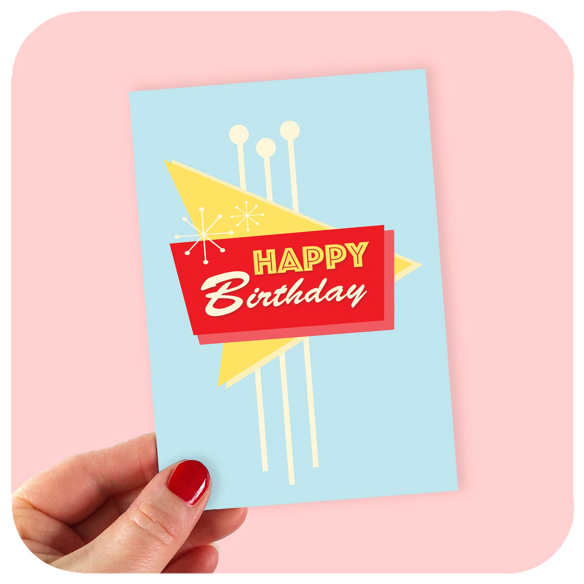 Happy Birthday Card in Vintage Las Vegas Style, held by a hand against a pale pink background | The Inkabilly Emporium