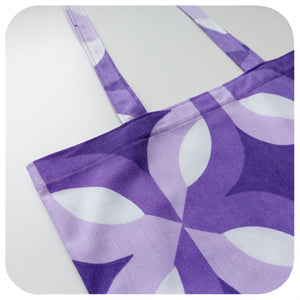Close up shot of a handmade tote bag, made from vintage 70s fabric, with an Op Art pattern in purple & white | The Inkabilly Emporium