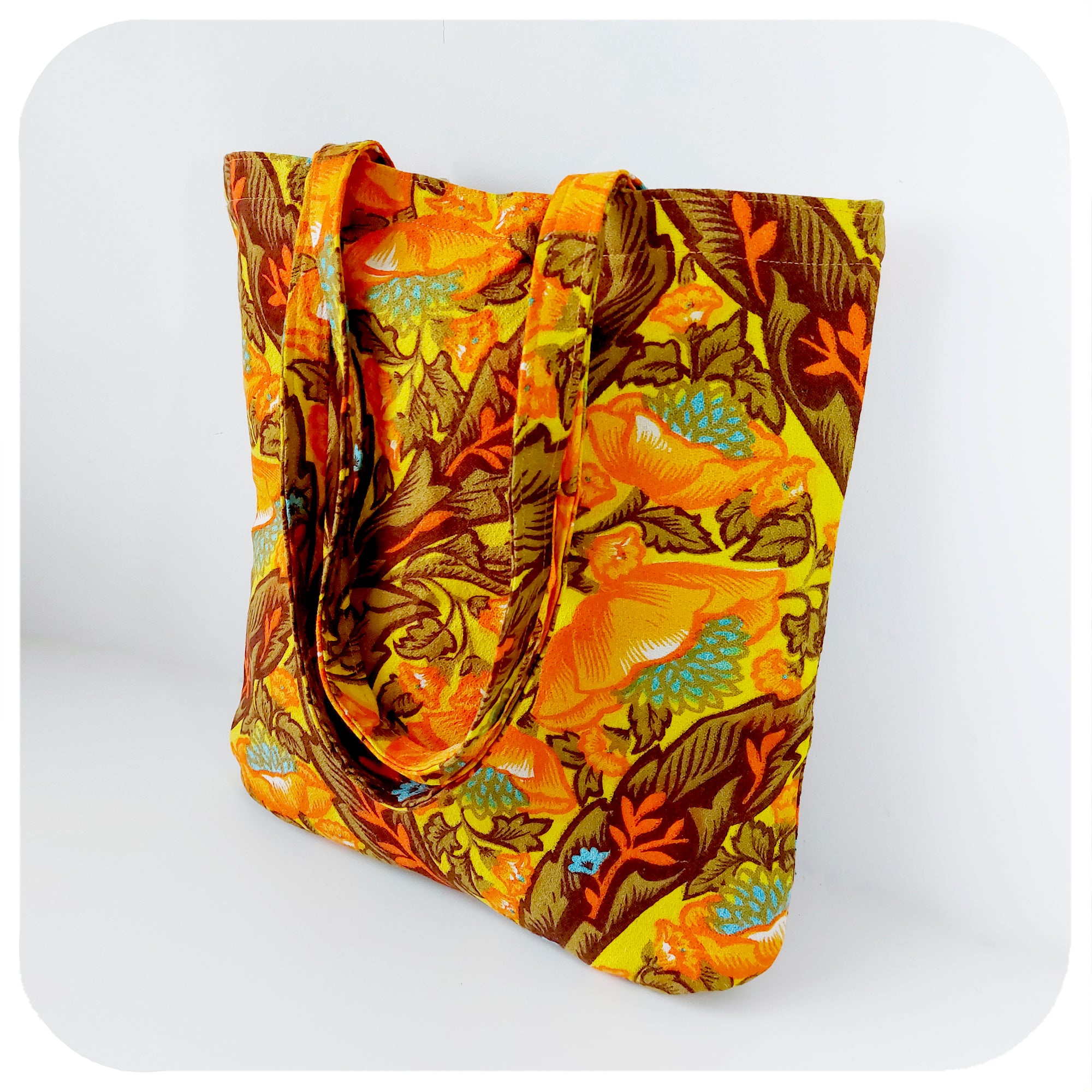 Vintage Fabric Tote Bag - Orange Floral Barkcloth