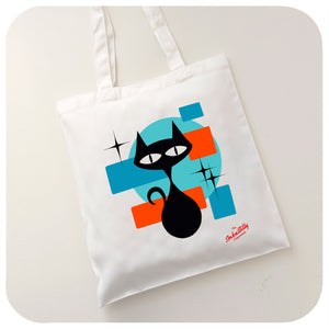 White Tote Bag featuring an Atomic style black cat design site on a white background | The Inkabilly Emporium