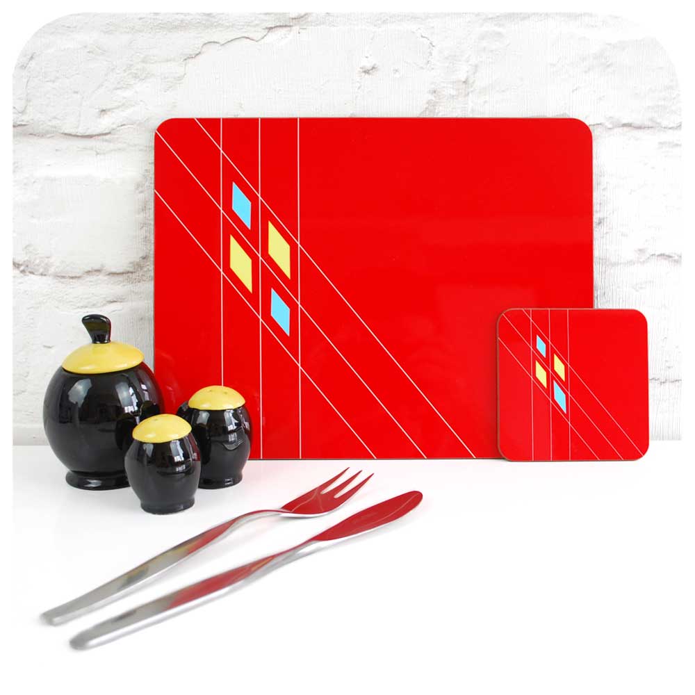 Mid Century Geometric Placemat & Coaster in Red  | The Inkabilly Emporium