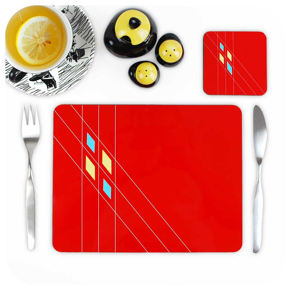  Mid Century Geometric Placemat with matching coaster in red | The Inkabilly Emporium