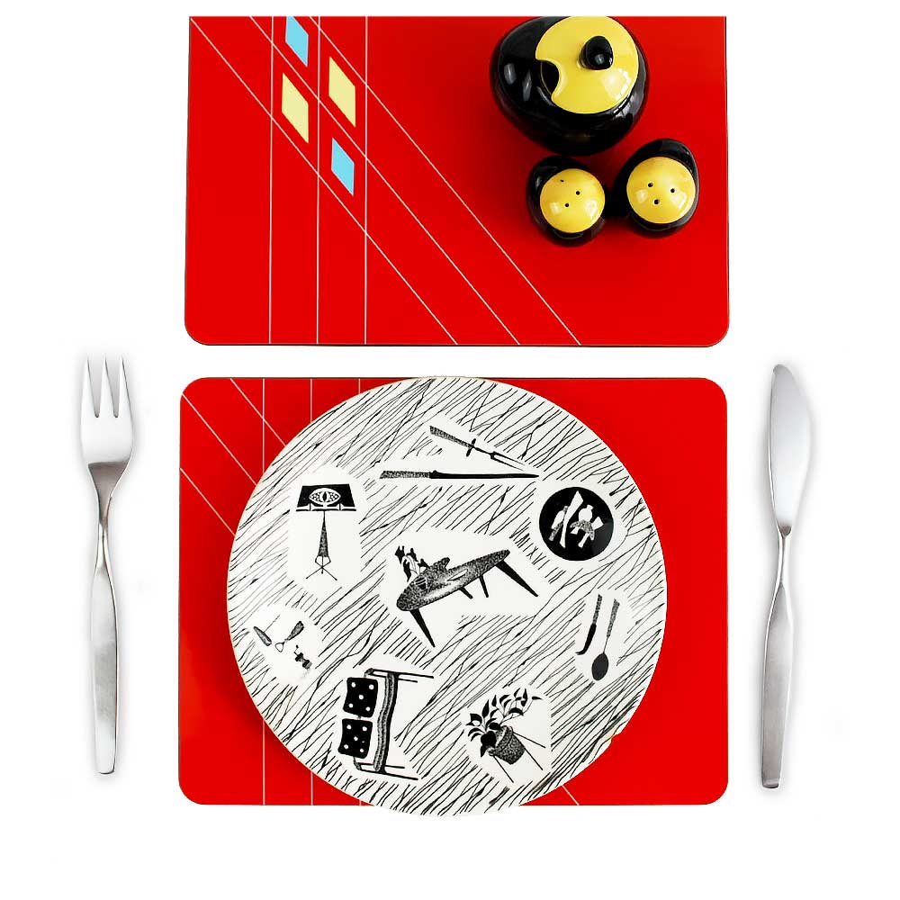 Example of table setting with our Mid Century Geometric Placemats in Red | The Inkabilly Emporium