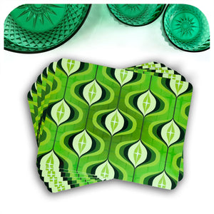 1970s Op Art Placemats in green, set of 6 in a fan with vintage bowls | The Inkabilly Emporium