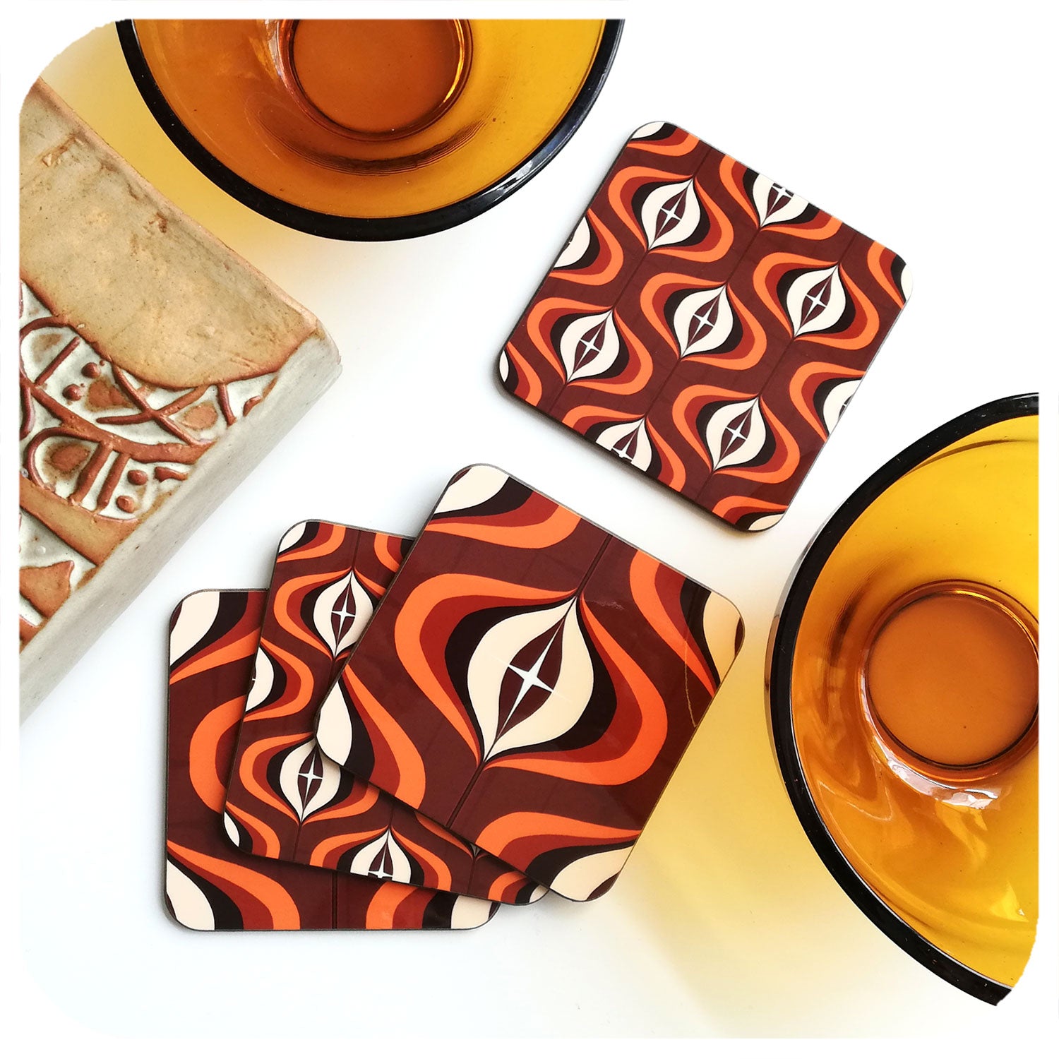 70s Set of 4 Op Art coasters in Brown and Orange | The Inkabilly Emporium