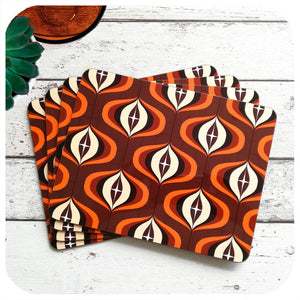 70s Style Op Art Placemats in Orange and Brown, set of 4 laid out in a fan | The Inkabilly Emporium