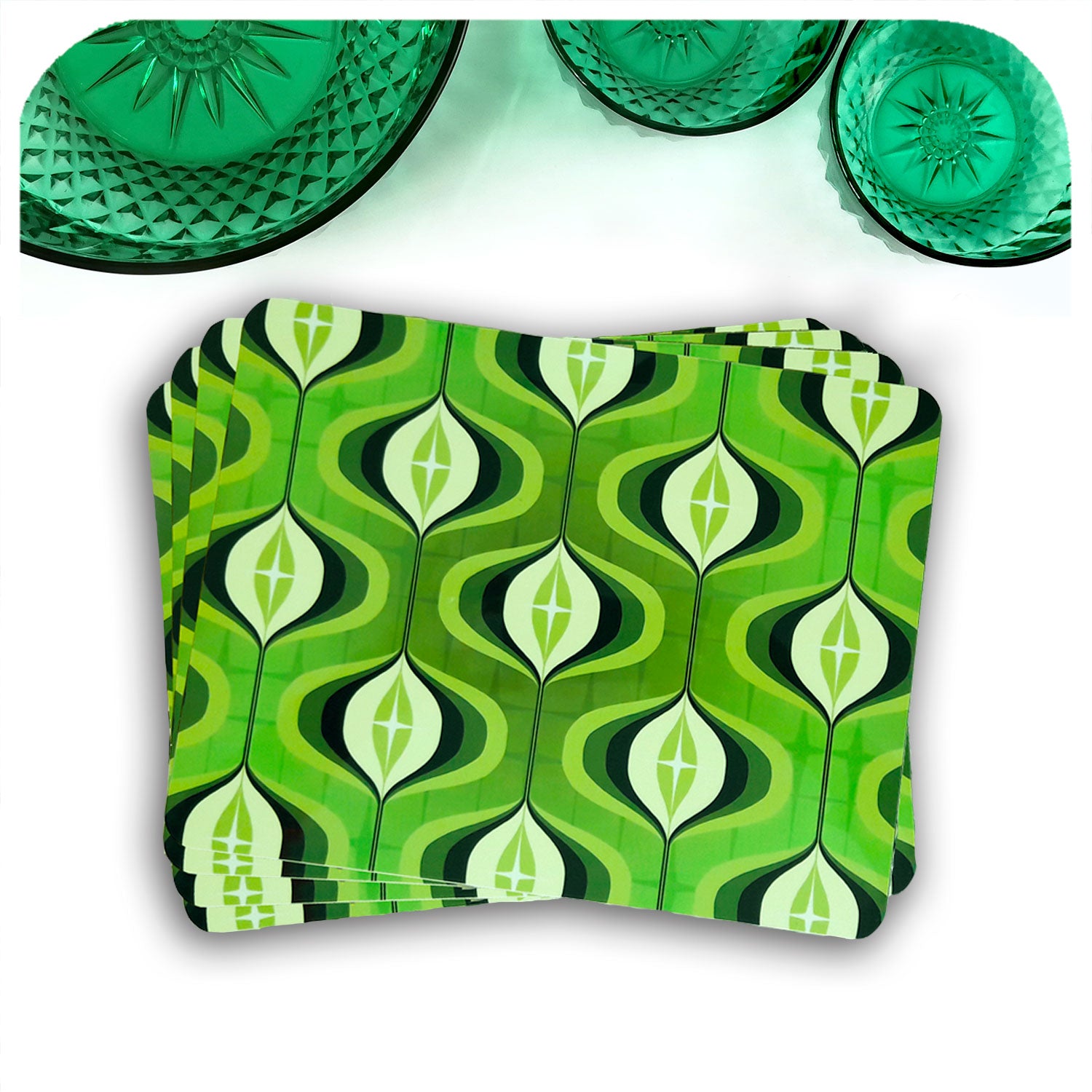 1970s Green Op Art Placemats, set of 4 in a fan | The Inkabilly Emporium