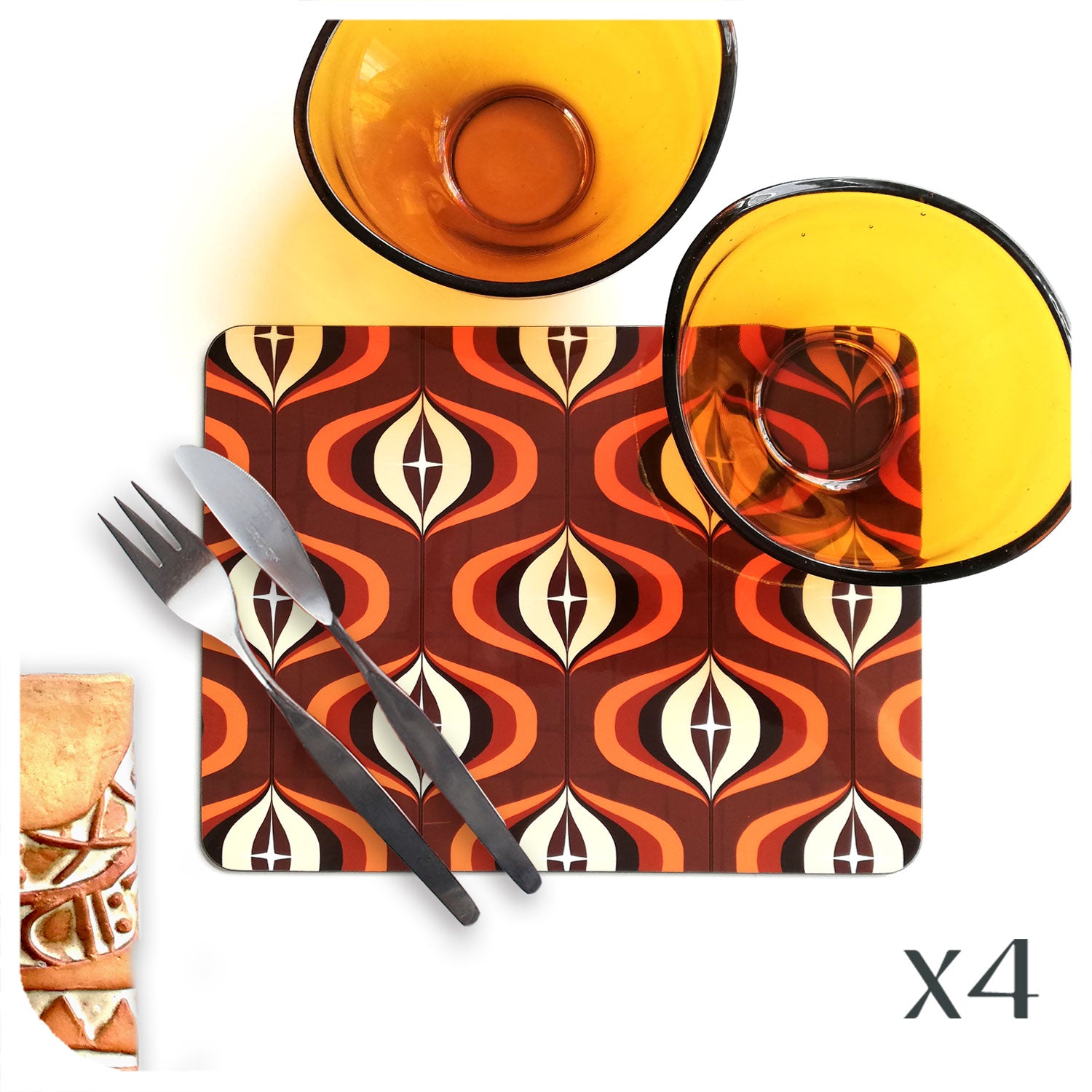 70s Style Op Art Placemat in Orange and Brown, set with vintage tableware | The Inkabilly Emporium