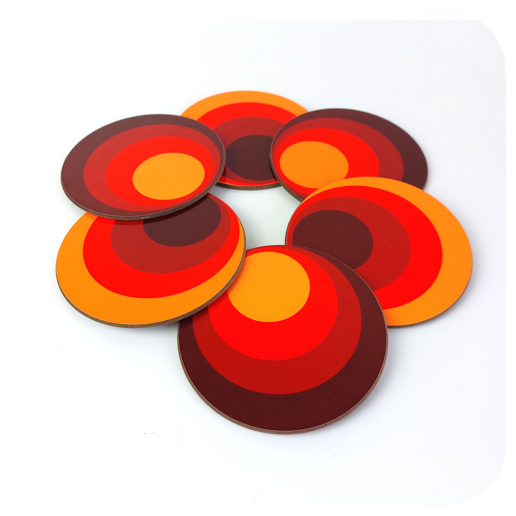 Set of Six Round 70s style coasters on a white background | The Inkabilly Emporium