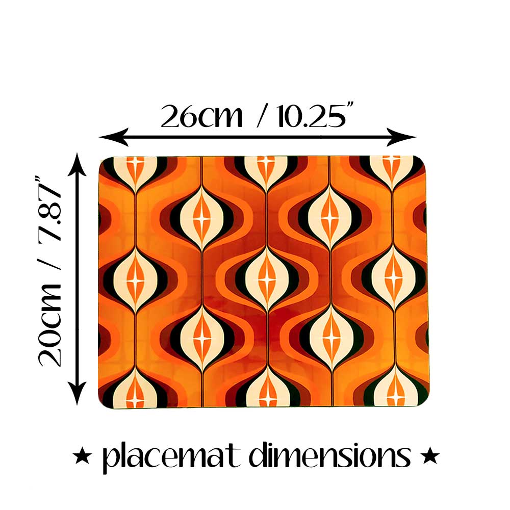 Orange 70s Op Art Placemat with dimensions | The Inkabilly Emporium