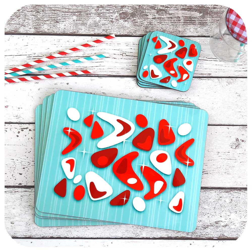 Atomic Boomerang in Aqua & Red, placemats & Coasters | The Inkabilly Emporium