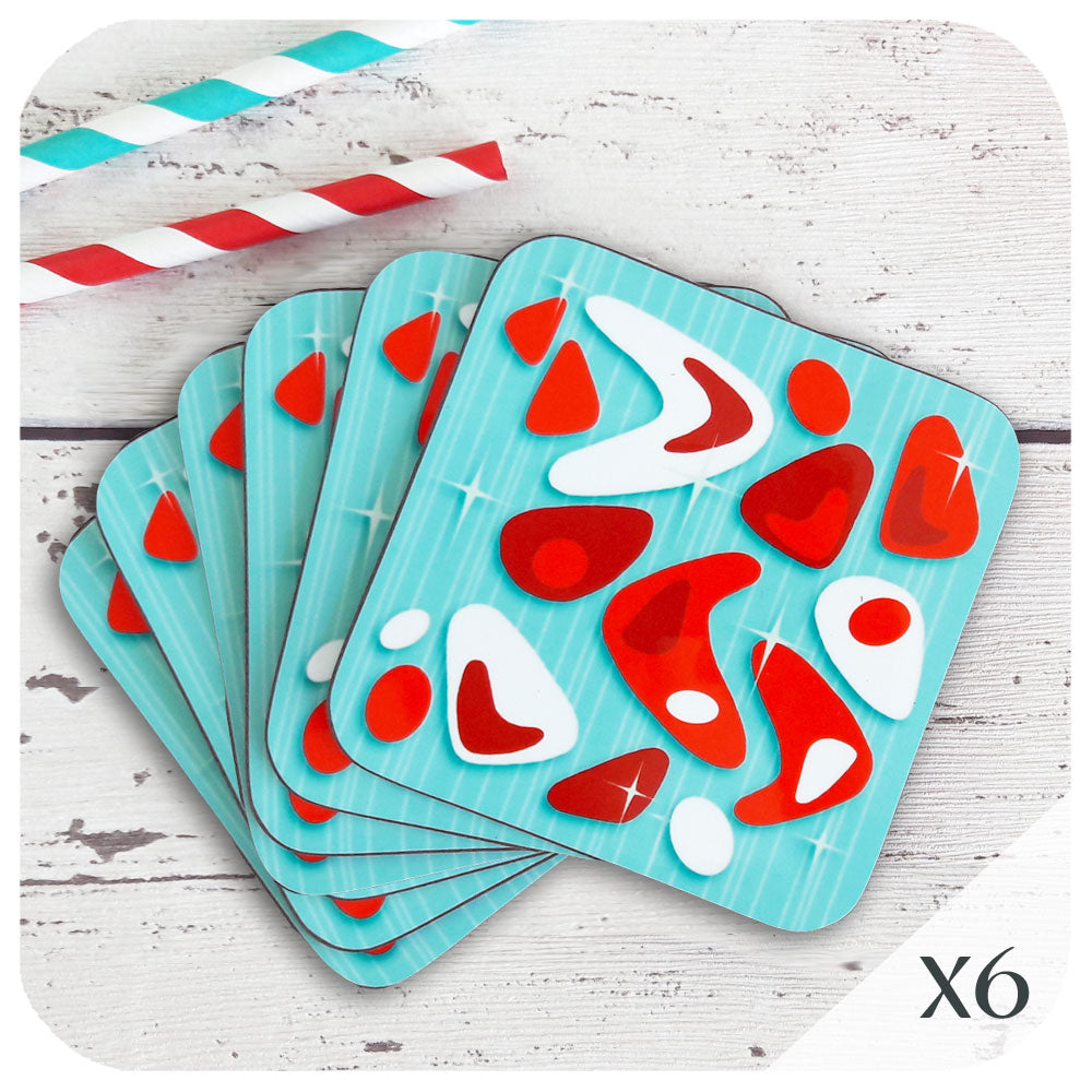 Atomic Boomerang Coasters in turquoise & red, set of 6 | The Inkabilly Emporium