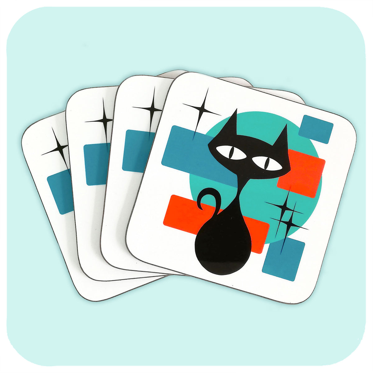 Atomic Cat Coasters, set of 4 - laid out in a fan | The Inkabilly Emporium