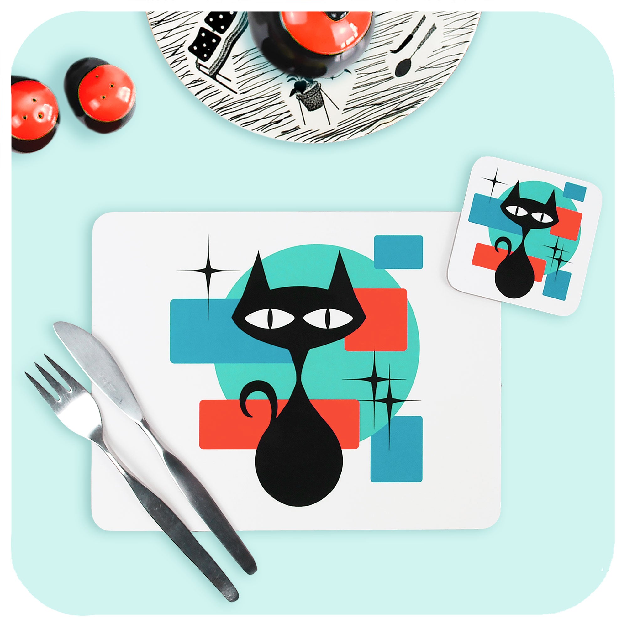 Atomic Cat Placemat and Coaster  on blue table with vintage tableware | The Inkabilly Emporium