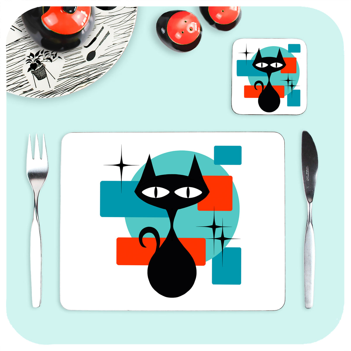Atomic Cat Placemat and Coaster, with vintage tableware | The Inkabilly Emporium