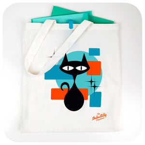 Atomic Cat Tote Bag lying flat on table with files and a pen | The Inkabilly Emporium