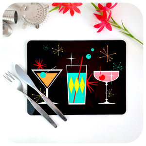 Cosmic Cocktails Placemat on table with vintage cutlery and cocktail accessories | The Inkabilly Emporium