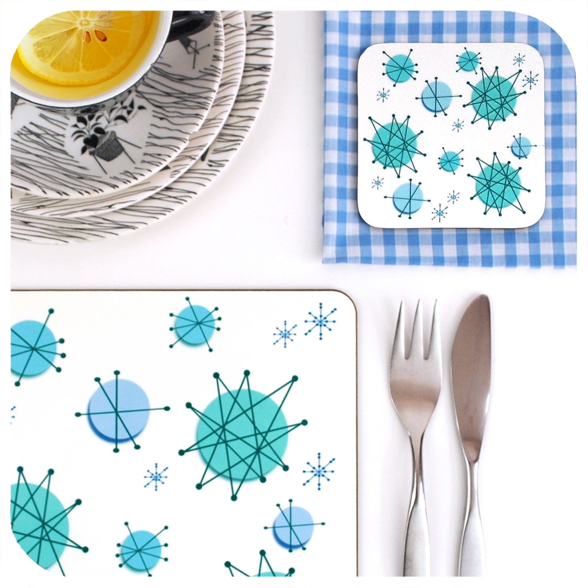 Atomic Starburst Placemat & Coaster, close up | The Inkabilly Emporium