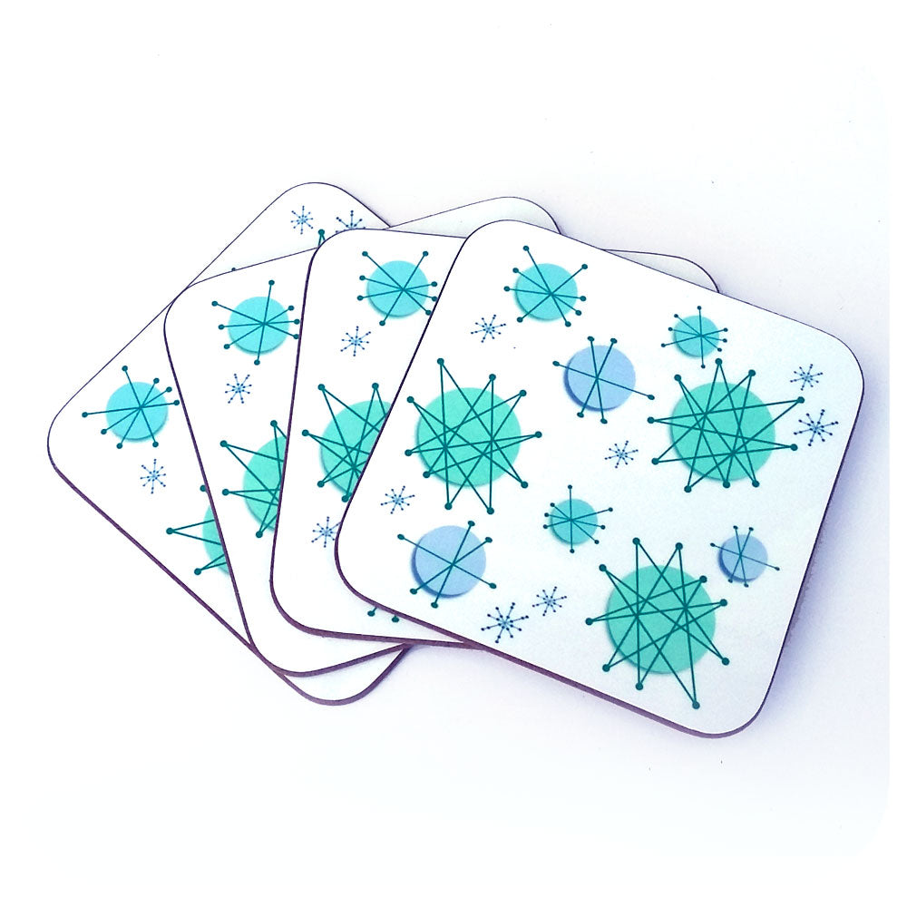 Atomic Starburst retro coasters, set of four. Franciscan starburst reproduction style by Inkabilly
