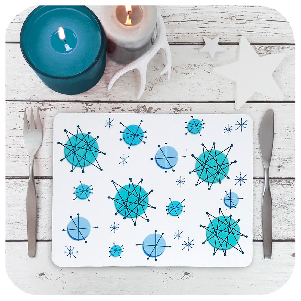 Atomic Starburst Placemats in Turquoise, Table Setting with candles | The Inkabilly Emporium
