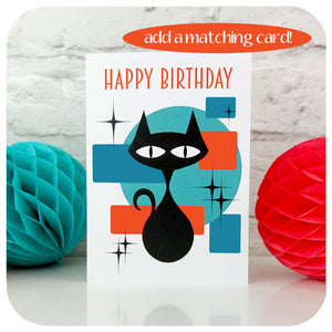 Atomic Cat Birthday Card standing with retro paper party decorations | The Inkabilly Emporium
