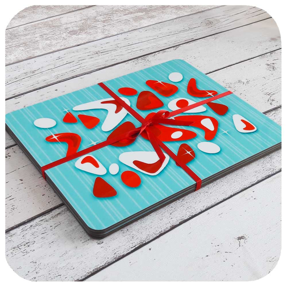 Aqua and Red Atomic Boomerang Placemat Set, tied with red ribbon  | The Inkabilly Emporium