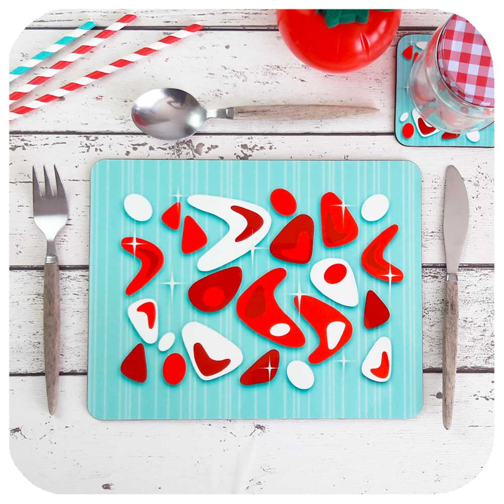 Atomic Boomerang Placemats in Aqua and Red  | The Inkabilly Emporium