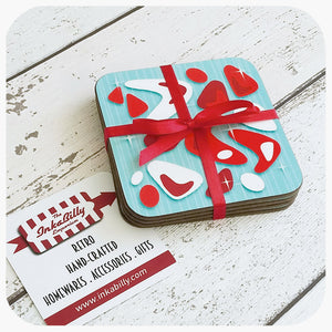 Atomic Boomerang Coaster Set, Turquoise and Red | The Inkabilly Emporium
