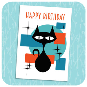 Atomic Cat Birthday Card on turquoise background | The Inkabilly Emporium