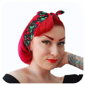 Black Cherries Bandana worn by a model in an alice band style | The Inkabilly Emporium