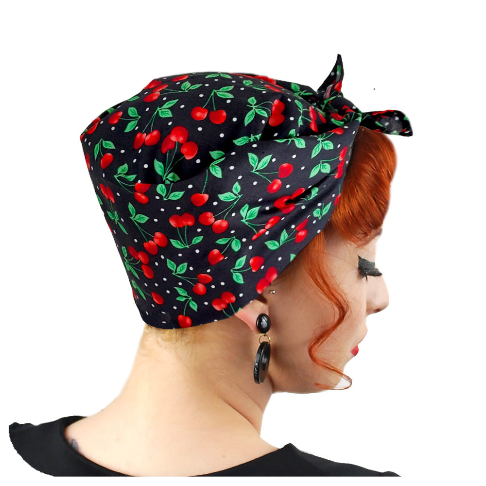 Black Cherries Bandana worn by a model in a Rosie the Riveter  style | The Inkabilly Emporium