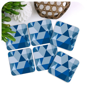 Scandi Geometric Coasters in Blue, set of 6 scattered on a table | The Inkabilly Emporium