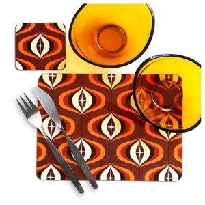 1970s Op Art Placemat & Coaster in Brown and Orange with vintage bowls and cutlery | The Inkabilly Emporium