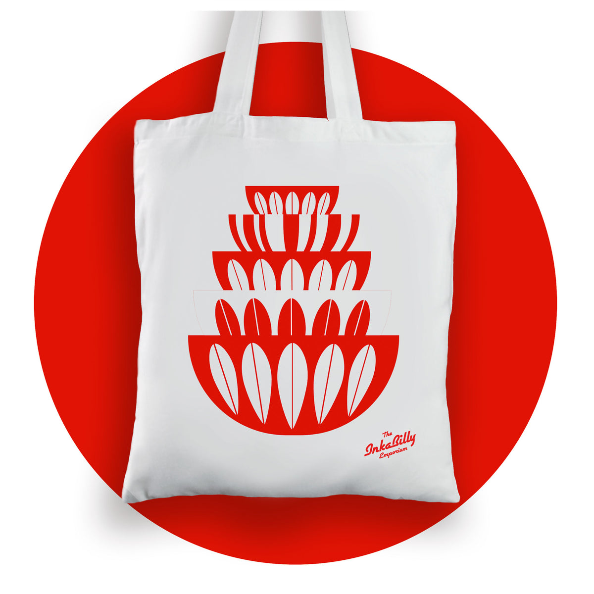 Cathrineholm Tote Bag, hanging on a red circle background | The Inkabilly Emporium